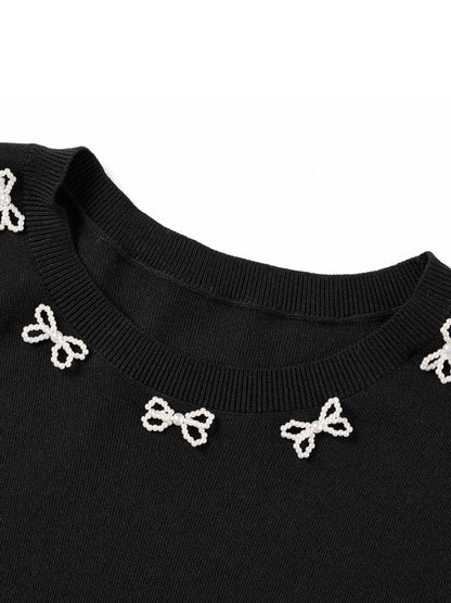 Lyocell Blend Beaded Bowknot Women Knit Top