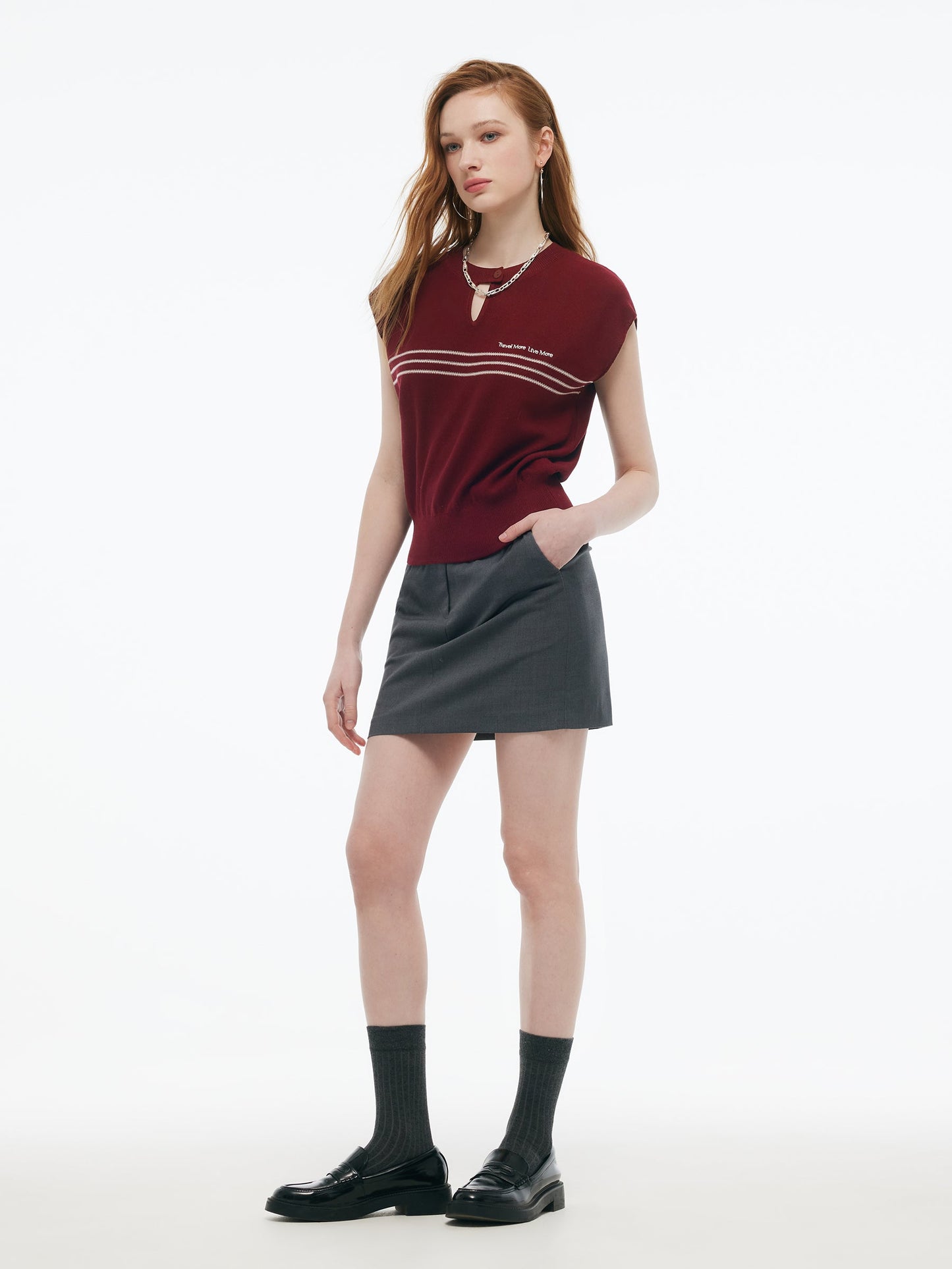 Tencel Blend Stripe Letter Print Women Cap Sleeve Knit Top