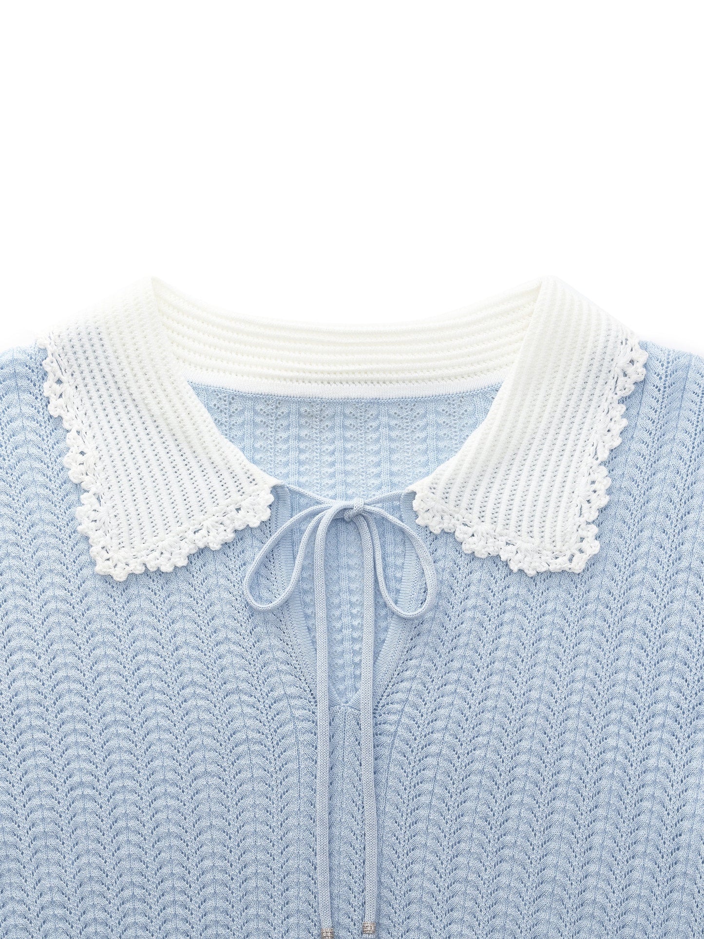 Tencel Blend Color Block Tie Front Women Openwork Knit Top