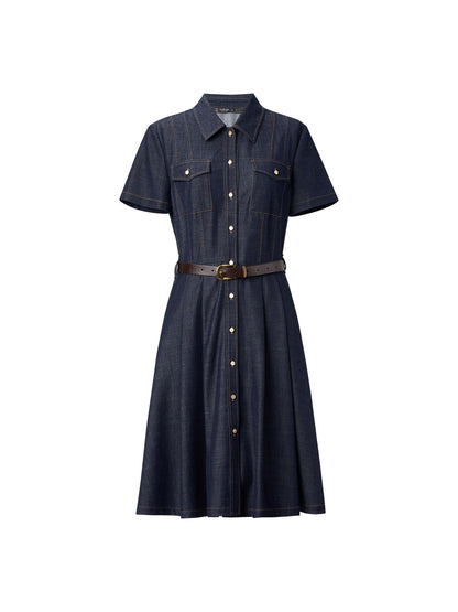 [Preview] Gather-Waisted Women Shirt Midi Dress With Leather Belt