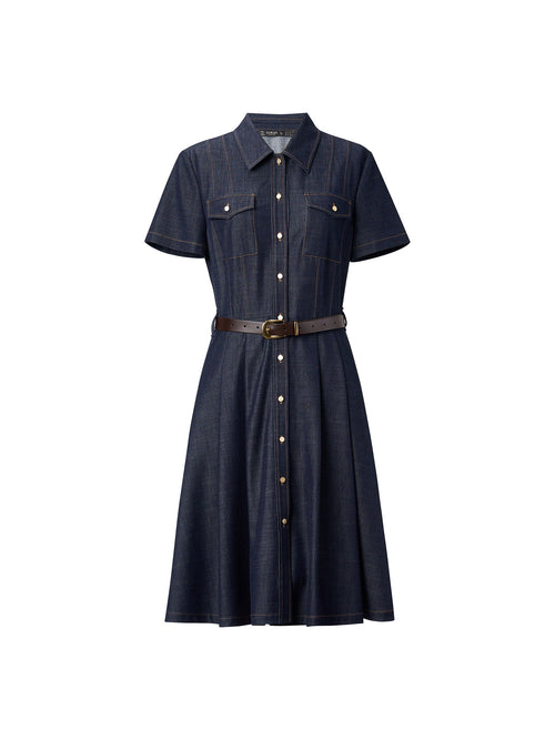 [Preview] Gather-Waisted Women Shirt Midi Dress With Leather Belt