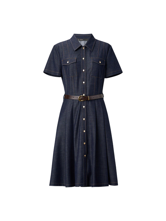 [Preview] Gather-Waisted Women Shirt Midi Dress With Leather Belt