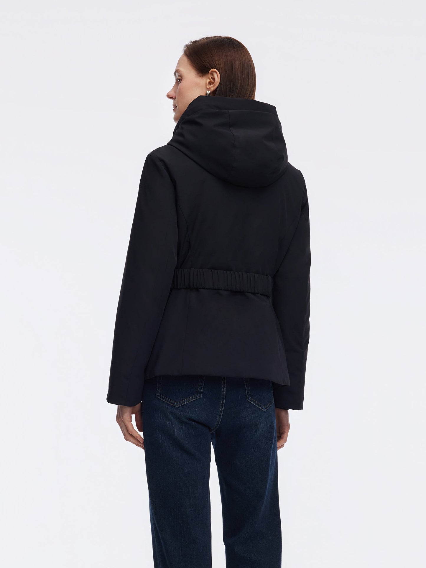 Gathered Waist Hooded Goose Down Jacket With Belt
