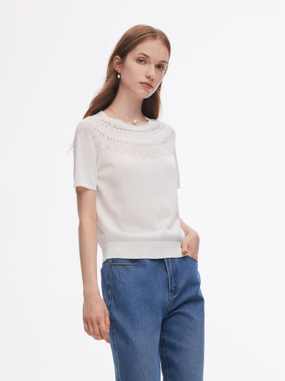 Tencel Blend Openwork Women Ruffle Round Neck Knit Top