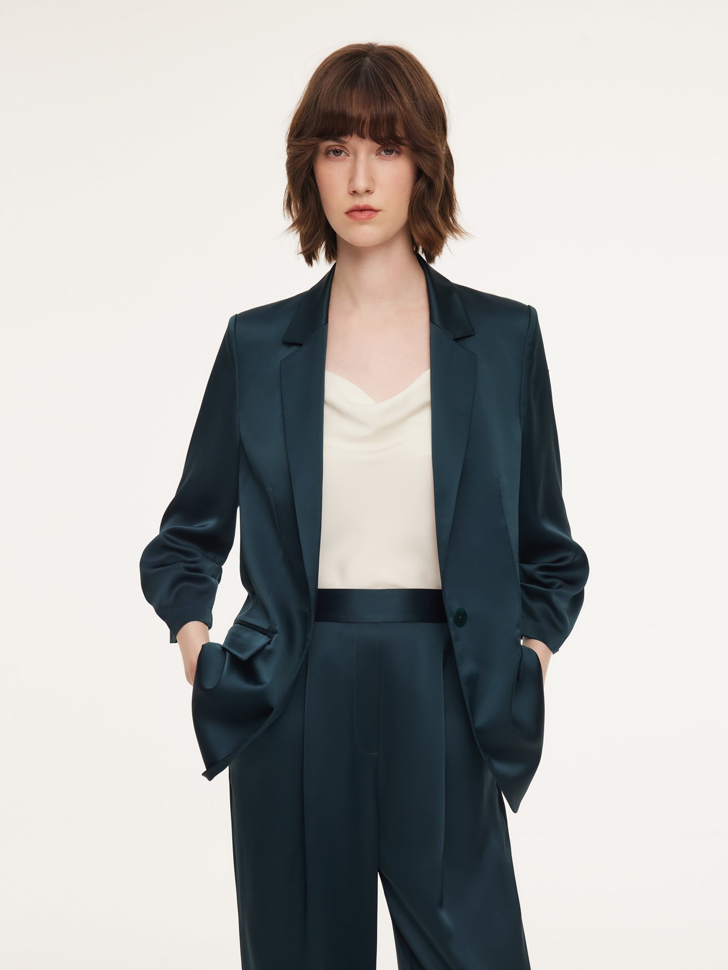 Triacetate Blend Ruched Sleeve Women Blazer