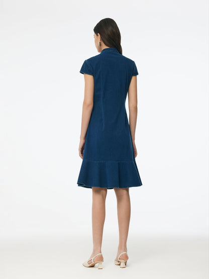 Denim Ruffle Hem Women Stretchy Knit Qipao Mini Dress