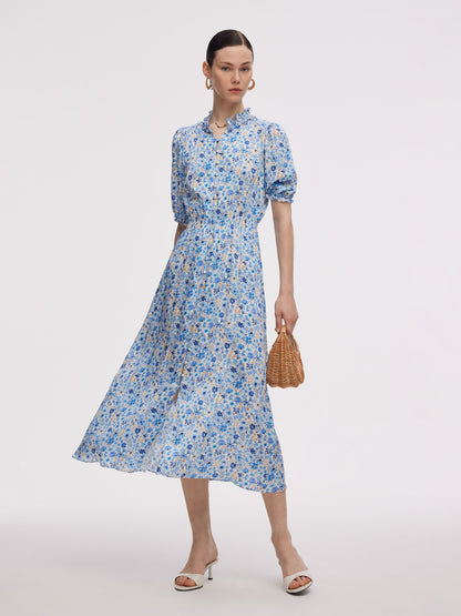 19MM Mulberry Silk Floral Print Ruffle Collar Maxi Dress