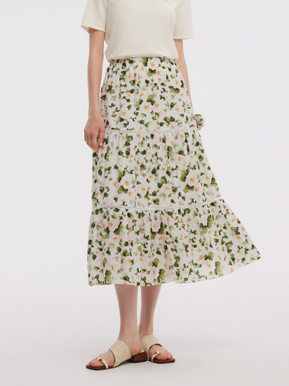 Acetate Blend Floral Print Women Tiered Skirt