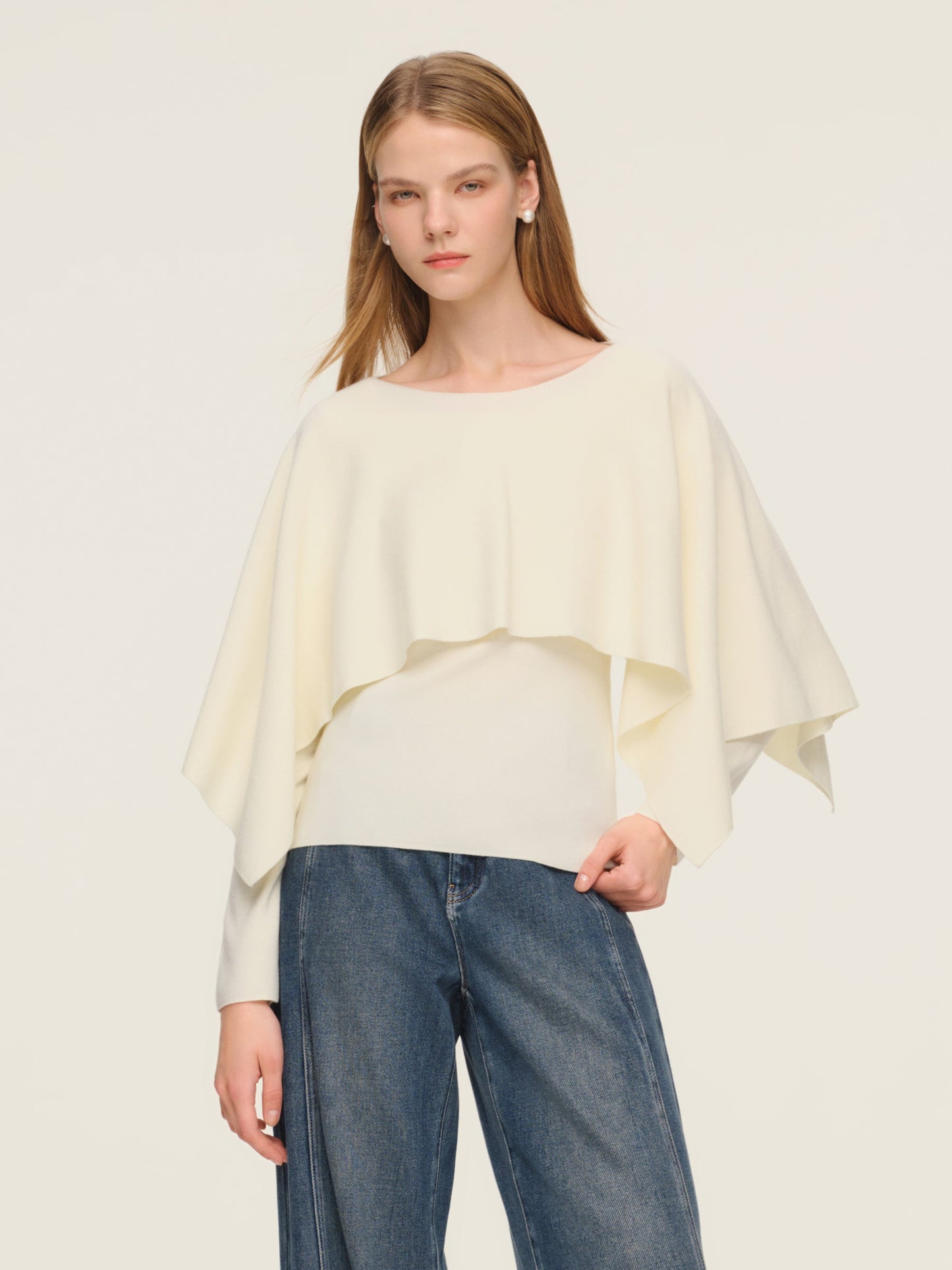 Tencel Wool Blend Women Knit Top With Pullover Cape