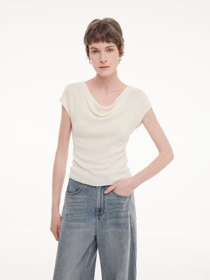 Tencel Mulberry Silk Cowl Neck Women Cap Sleeve Knit Top