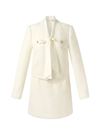 Tweed Bow Tie Neck Jacket And Mini Skirt Two-Piece Set
