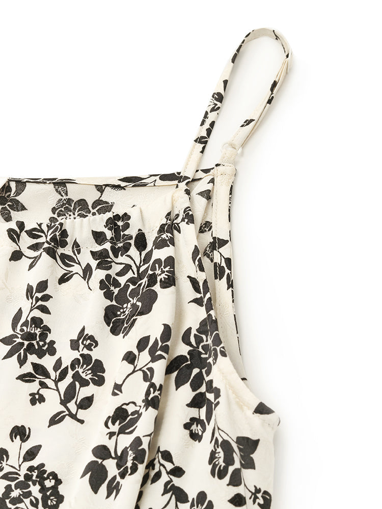 Camellia Print Spaghetti Strap Dress And Knitted Cardigan Two-Piece Set