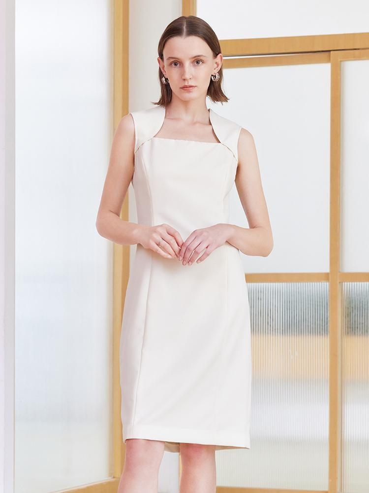 White Slim Midi Tailored Wool Dress