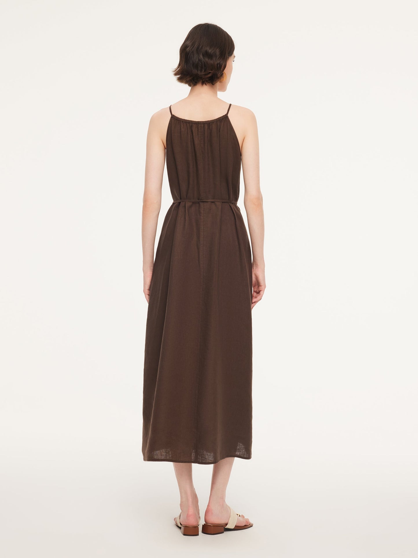 100% Linen Beaded Neck Women Strap Maxi Dress With Tie String Belt