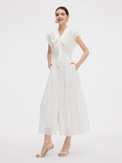 Tencel Blend Women Cap Sleeve Maxi Dress With Ribbon