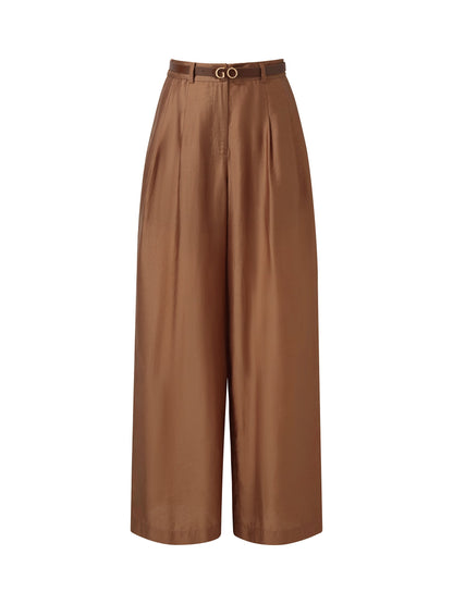 Tencel Blend Women Wide Leg Pants With GO Letter Leather Belt