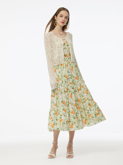 Cotton Floral Print Strap Maxi Dress And Openwork Cardigan Two-Piece Set