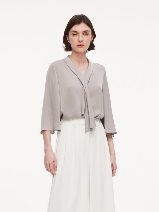 22MM Mulberry Silk Tie Neck Women 3/4 Sleeve Blouse