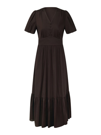Cotton Blend V-Neck Women A-Line Tiered Maxi Dress