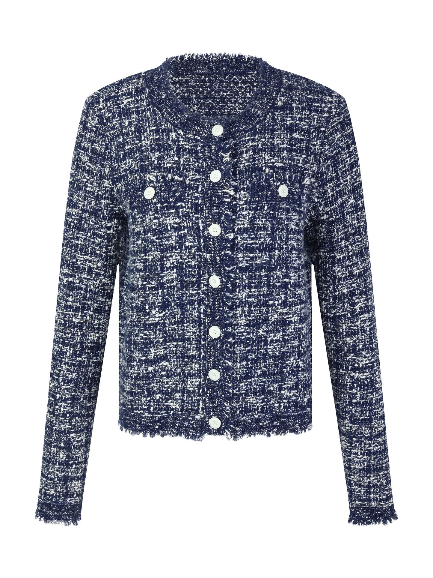 Wool Cotton Blend Frayed Trim Women Cardigan