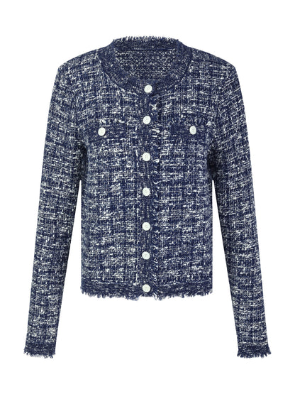 Wool Cotton Blend Frayed Trim Women Cardigan