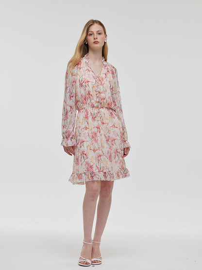 10 Momme Mulberry Silk Iris Print Ruffle Women Mini Dress