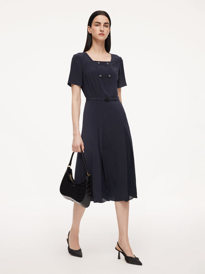 Triacetate Blend Square Neck Women Midi Dress With Belt