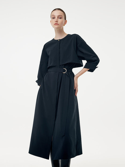 Round Neck Women Trench Maxi Dress With Belt
