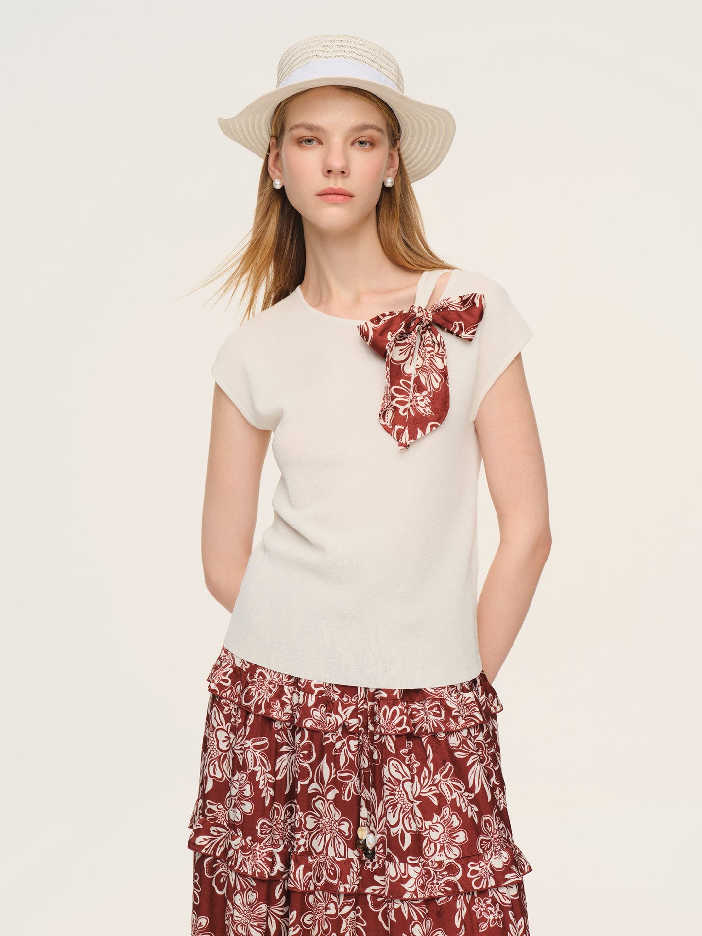 Cap Sleeve Knit Top And Marigold Floral Print Tiered Skirt Two-Piece Set With Silky Scarf