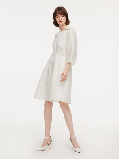 Jacquard Boat Neck Women Midi Dress With Detachable Flower