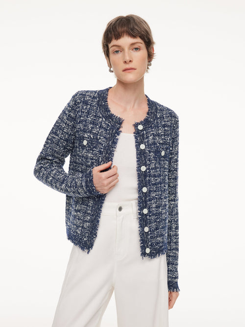 Wool Cotton Blend Frayed Trim Women Cardigan