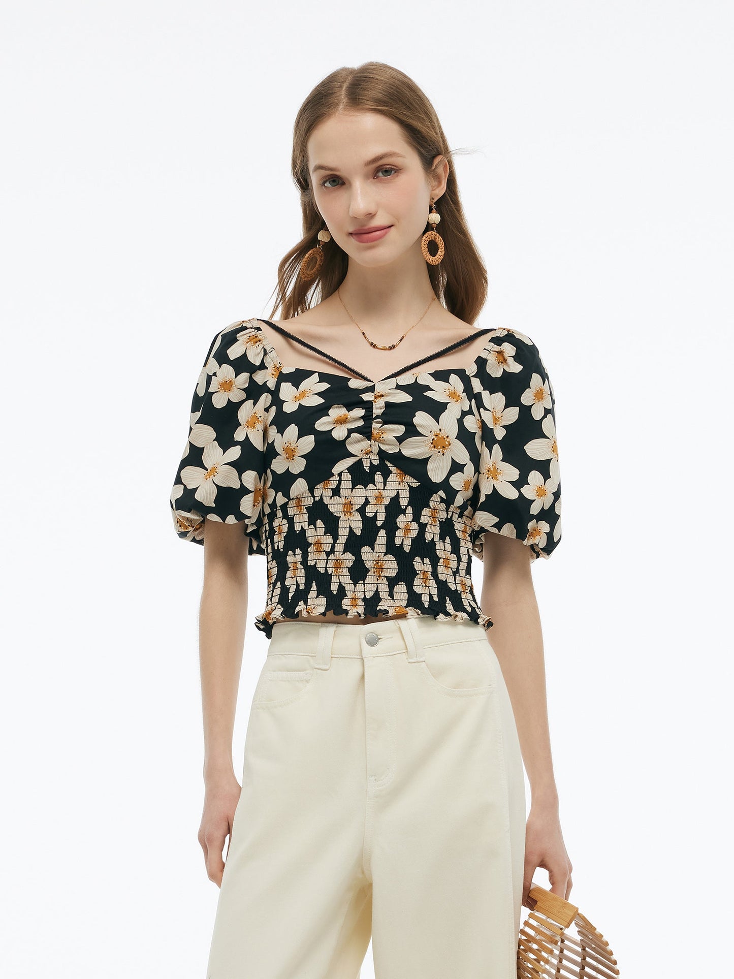 Cotton Stretch Floral Print Women Smocked Top