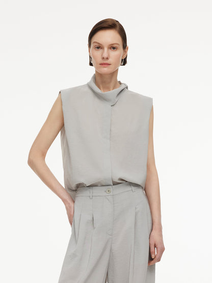 Triacetate Blend Ribbon Neck Women Sleeveless Blouse