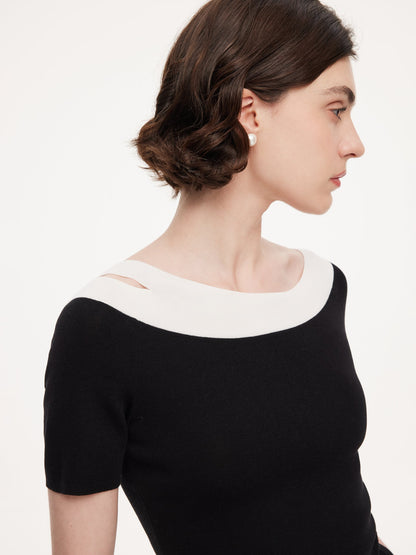 Tencel Blend Color Block Women Cut-Out Knit Top
