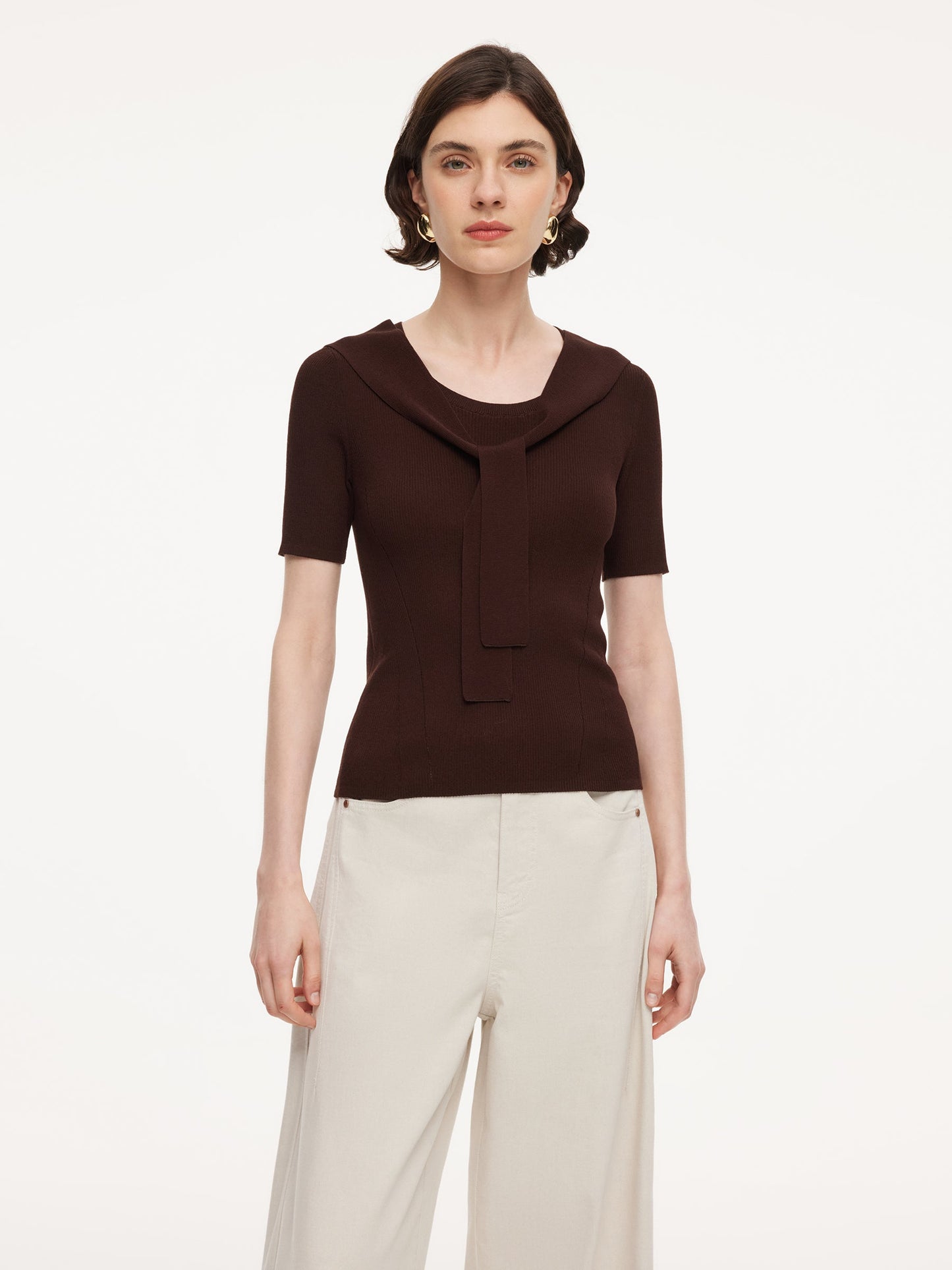 Lyocell Blend Round Neck Women Knit Top With Detachable Sailor Collar