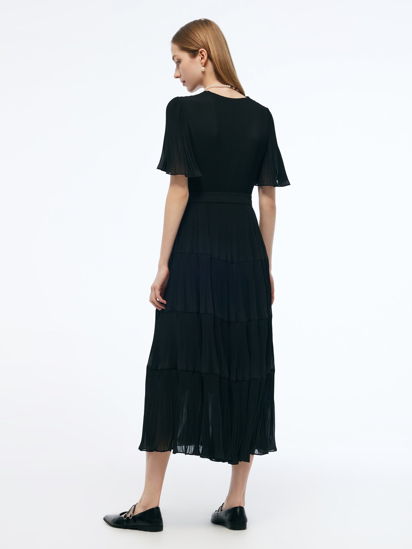 Pleated V-Neck Women A-Line Tie Belt Maxi Dress