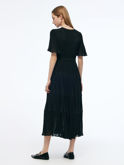 Pleated V-Neck Women A-Line Tie Belt Maxi Dress