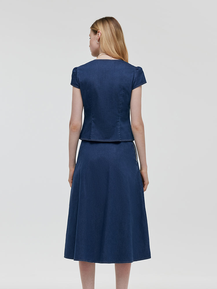 Pre-Order Denim V-Neck Top And Midi Skirt Two-Piece Set