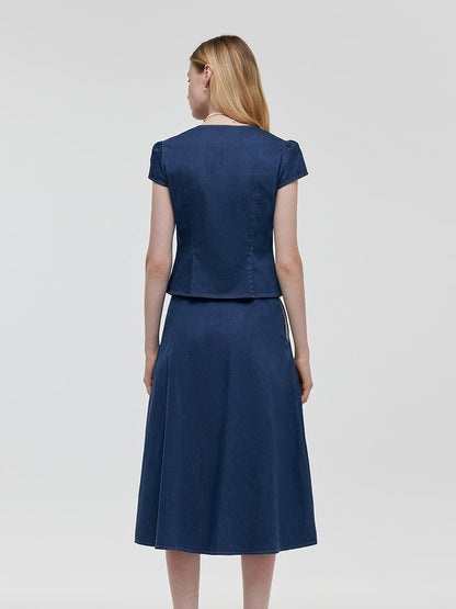 Pre-Order Denim V-Neck Top And Midi Skirt Two-Piece Set