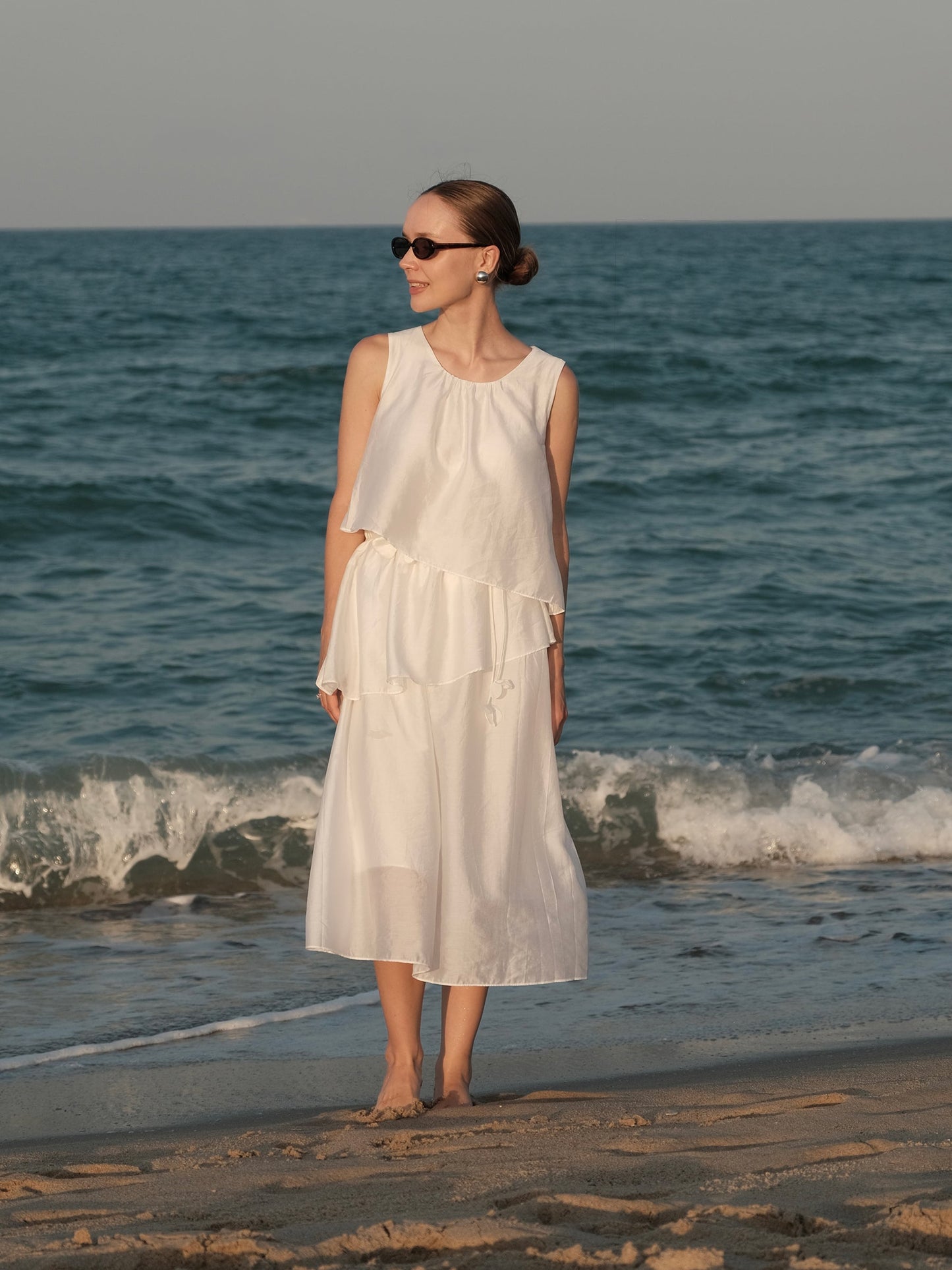 Tencel Blend Ruffle Women Tiered Sleeveless Midi Dress