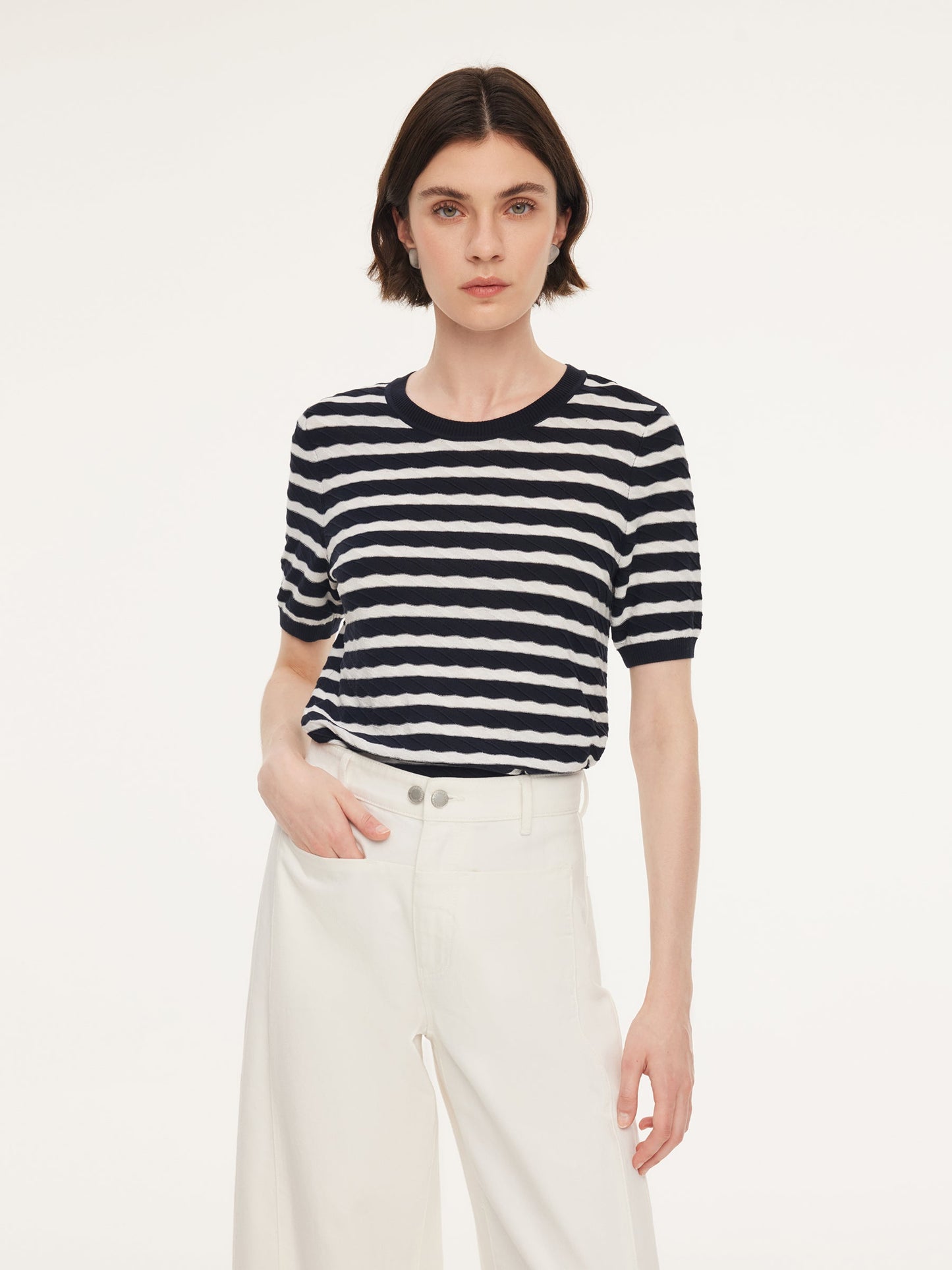 Lyocell Blend Stripe Round Neck Women Knit Top