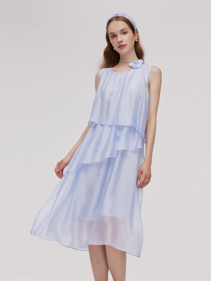 Ruffle Women Tiered Vest Midi Dress With Hairband And Bowknot Choker