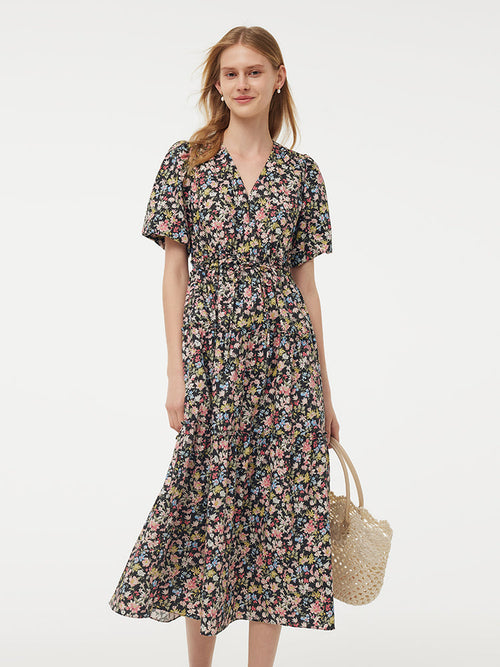 Cotton Puff Sleeve Drawstring Waist Floral Print Women Midi Dress