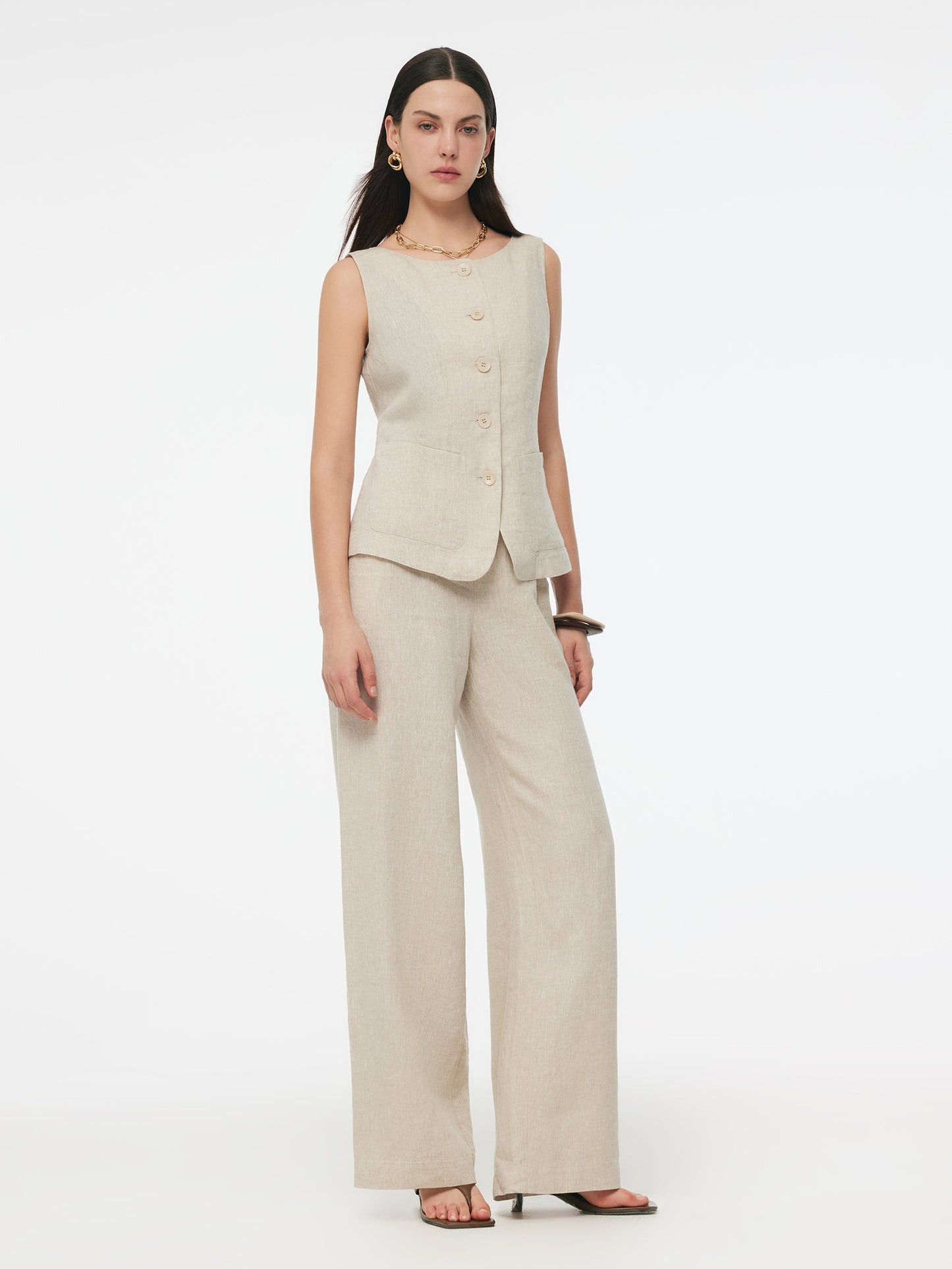 100% Linen Vest And Pants Two-Piece Set