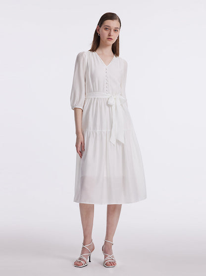 White V-Neck Gathered Waist Midi Dress