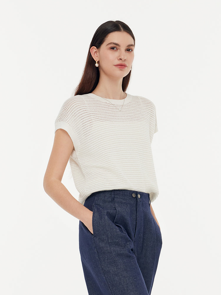Linen Cotton Sequins Women Open-Knit Top