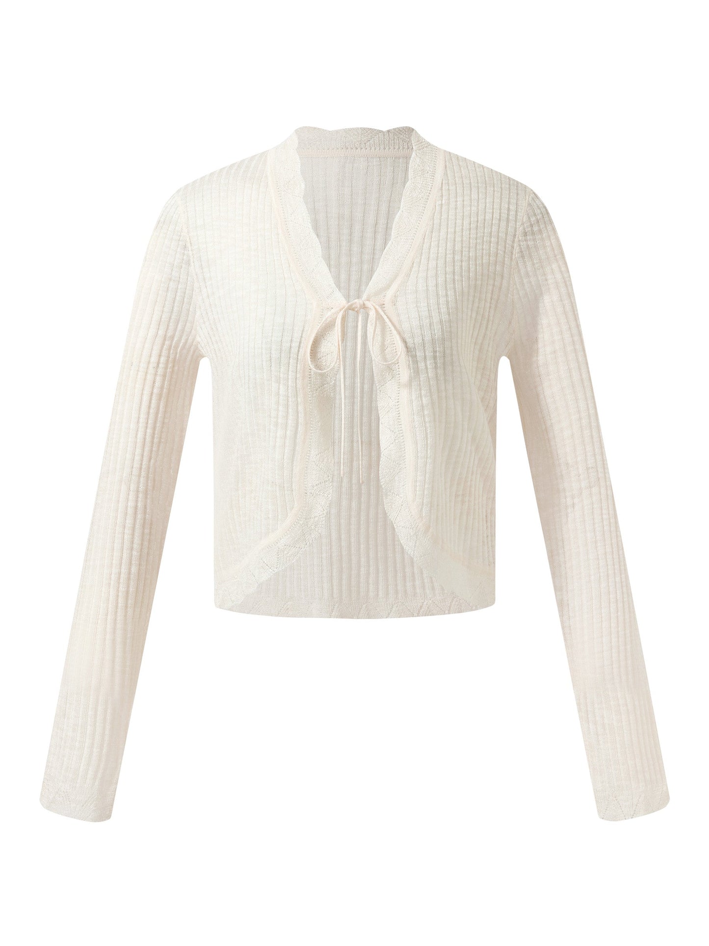 Wavy Trim Tie Front Women Cardigan