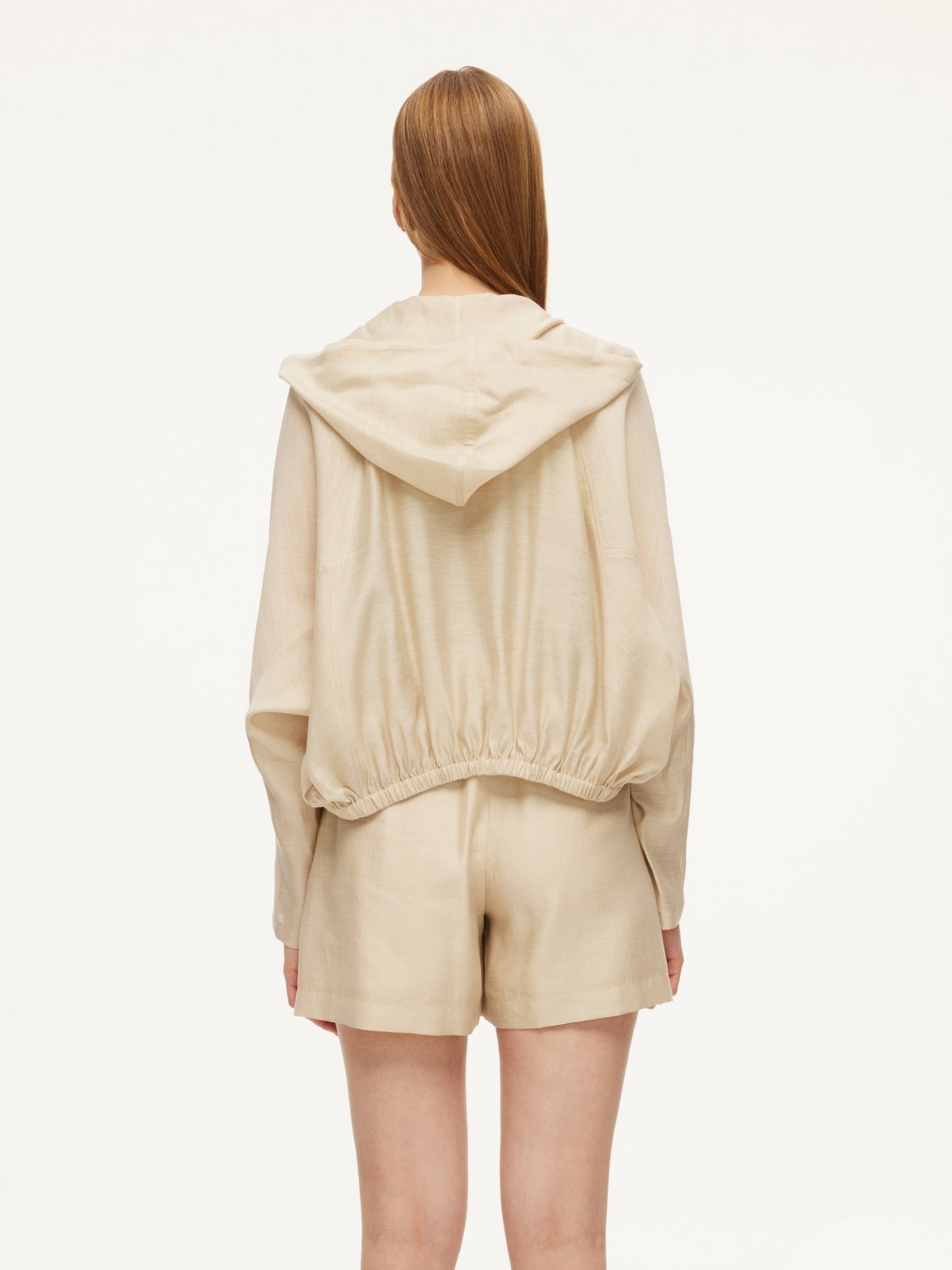 Tencel Acetate Linen Blend Women Zip-Up Hooded Cropped Jacket