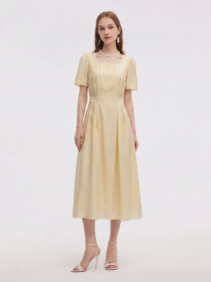 Pre-Order Tencel Blend Square Neck Women Gather-Waisted Maxi Dress