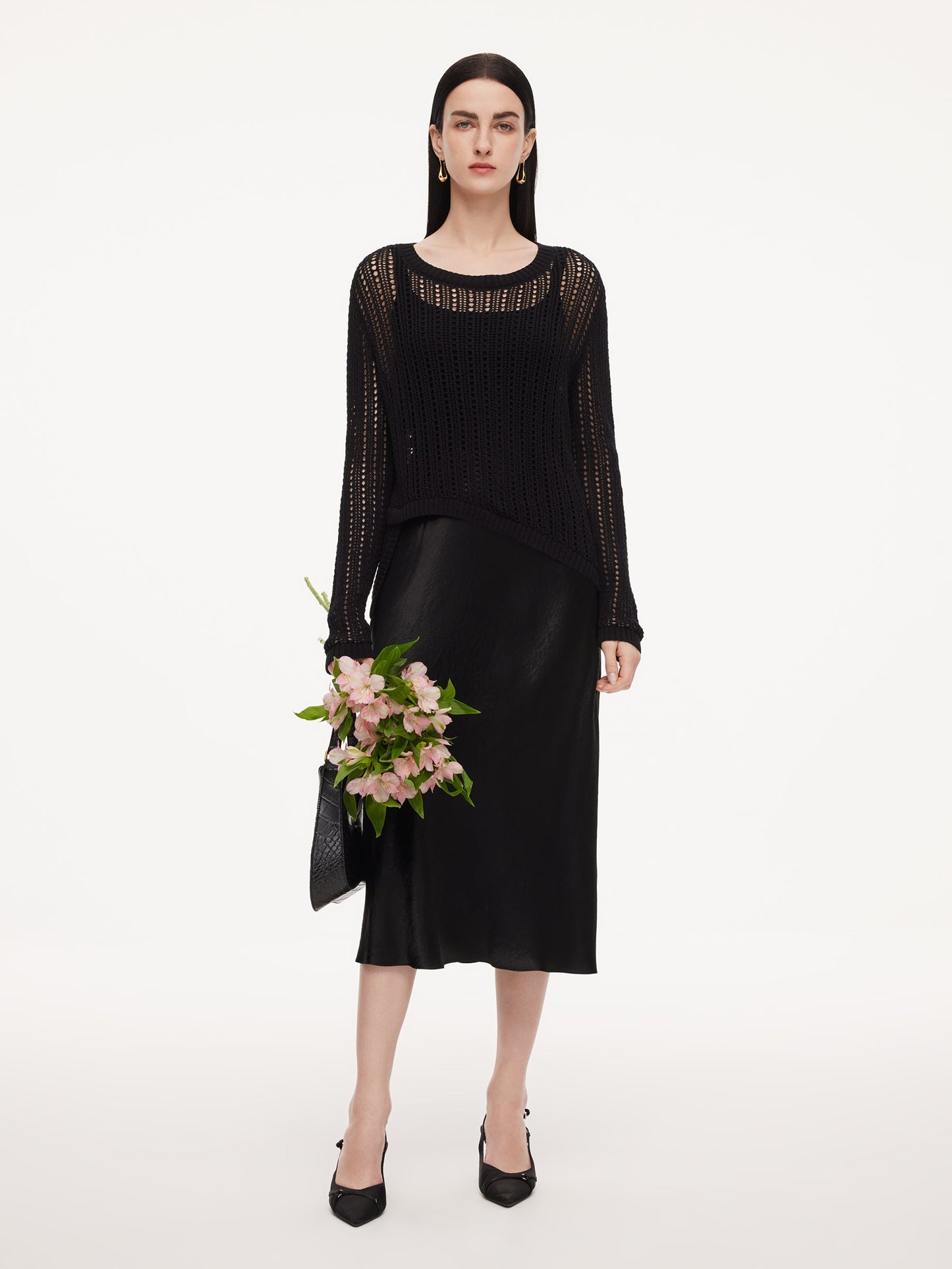 100% Acetate Openwork Pullover & Tank Top & Skirt Three-Piece Set
